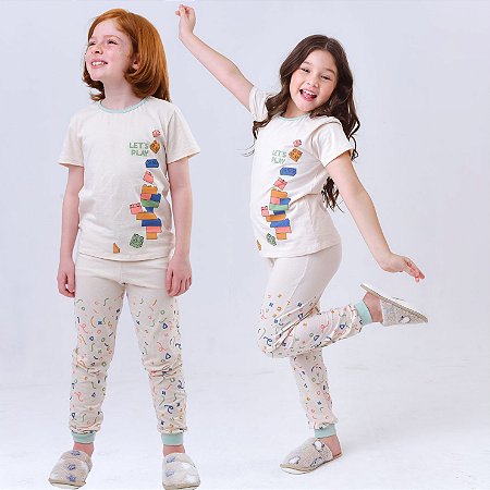 Pijama Infantil Verão Unissex Camiseta com Calça: Legos Divertidos - Let's Play
