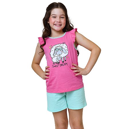 Pijama Infantil Menina Verão Regata Babado: Ovelhinha Sweet Dreams