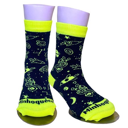 Meia Infantil Menino Cano Médio Astronauta Neon, foguete, Nave, Espaço