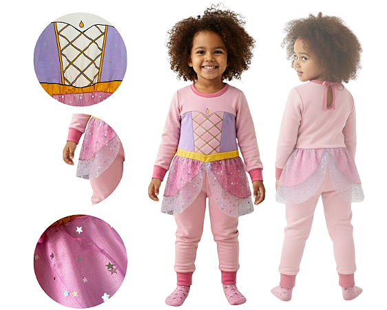 Macacão Princesa Corset Tule Saia Glow Estampa Glitter