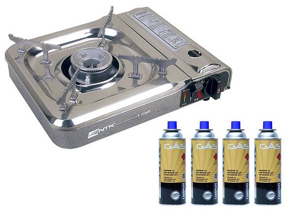 Kit Fogareiro Nautika Cheff Unica Prata 280470 + 4 Cartuchos de Gás