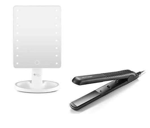 Kit Prancha Modeladora Multilaser Cerâmica Bivolt + Espelho de Mesa LED HC174 Branco