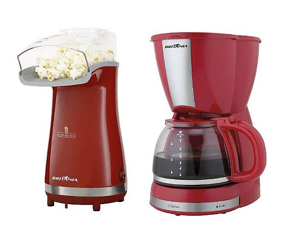 Kit Britania Pipoqueira Popmovie Vermelha BP106V  110v + Cafeteira CP30 Inox Vermelha 110v