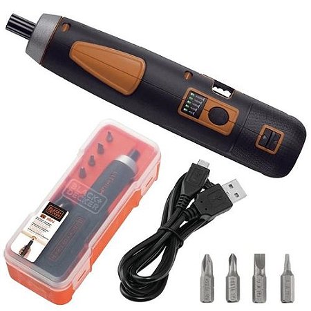 Parafusadeira Black Decker 4V 1/4” BD40K4-LA Bateria Íon Lítio 1,5 Ah USB e LED