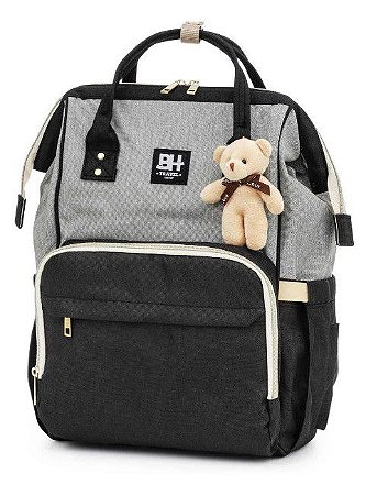 Mochila Maternidade Impermeável Cinza e Preto Grande BH Store BHSMOC474