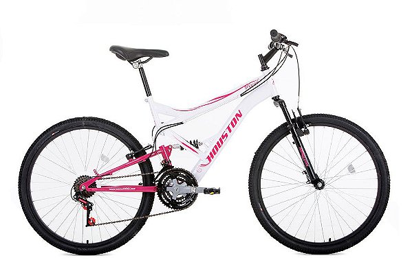Bicicleta Houston Vivid Aro 26 Suspensão Dupla e 21 Marchas Branco/Rosa
