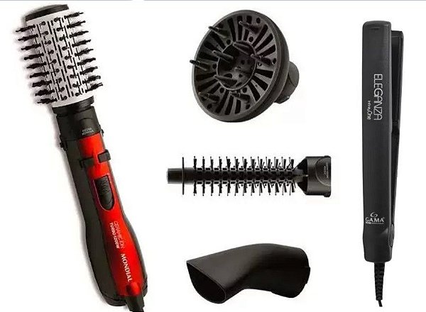Kit Escova Mondial ER-09 Ceramic Ion Vermelha 220V + Prancha Gama Italy Eleganza Infinity APP1528