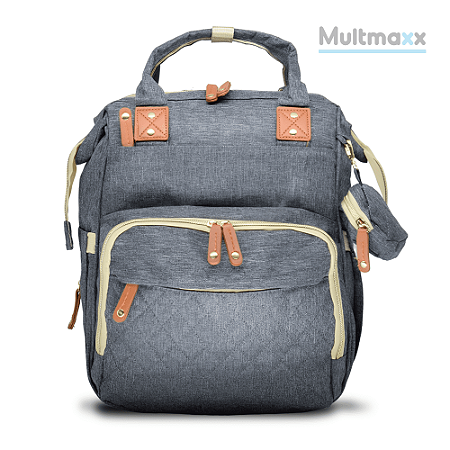 Mochila Maternidade Impermeável Cinza Premium com porta chaves Multmaxx