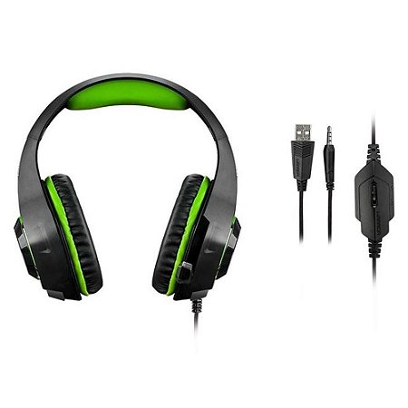 Headset Gamer Warrior Multilaser PH299 Rama P3+USB Stereo Adaptador P2 LED Verde