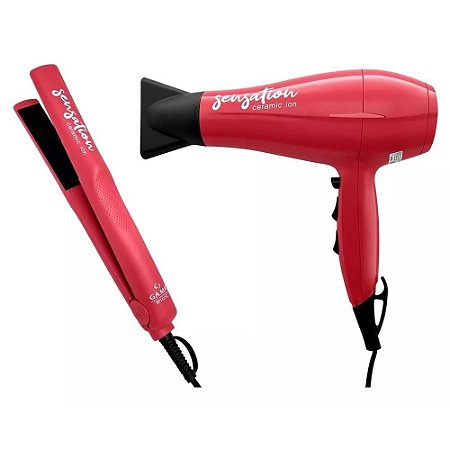 Kit Prancha + Secador Gama Sensation Ceramic Ion 2000w Vermelho 110v