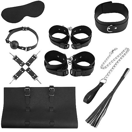 Kit Sadomasoquista com 7 Peças em Couro Sintético Preto – BONDAGE KITS