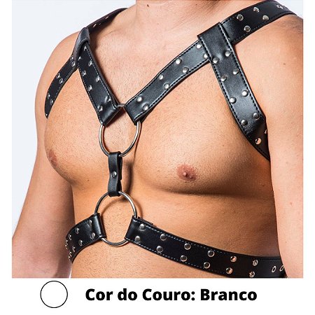 Arreio Em Couro Branco Harness Masculino BDSM Detalhes Metal