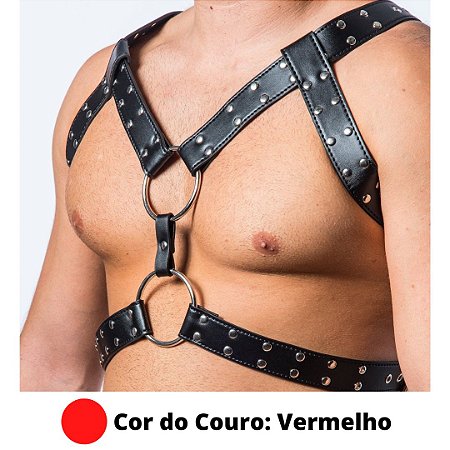 Arreio Em Couro Vermelho Harness Masculino BDSM Detalhes em Metal