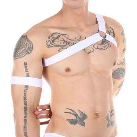 Arreio Com Bracelete Elástico Branco Harness Masculino BDSM