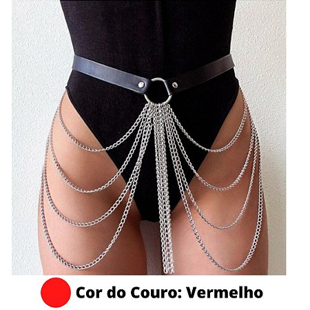 Cinto Feminino Em Couro Vermelho Harness Detalhes em Correntes Sexy