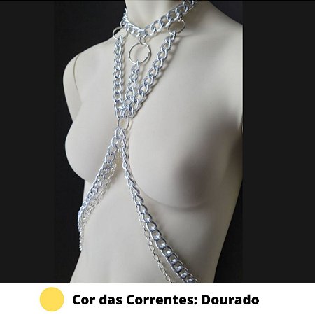 Colar Sexy Em Correntes Dourado Body Fetiche Com Fecho Mosquetão