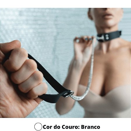 Coleira Com Corrente Sexy Em Couro Branco Detalhes em Metal