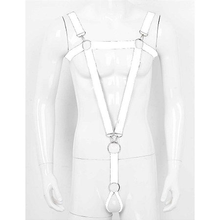 Suspensório Harness Masculino em Elástico Branco Com Anel Peniano 4,5cm