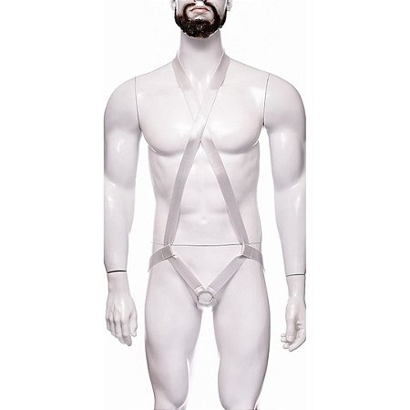 Arreio Harness Masculino Elástico Branco Com Argola 3,5 Cm Peniano