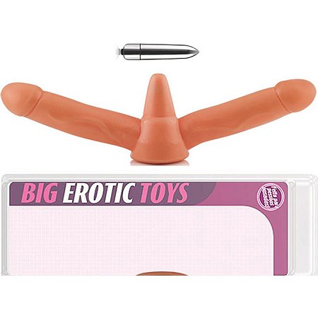 Pênis Duplo Prótese Havaiana com Plug e Vibrador - COR PELE - Sexshop