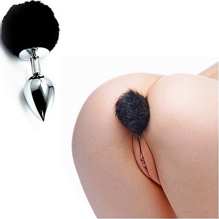 Plug Anal em Metal 7cm com Pompom Preto - Sex shop