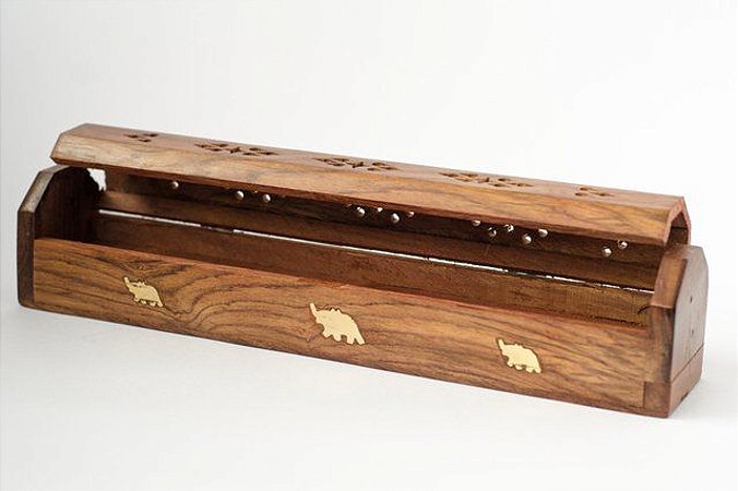 Incensário Box de madeira marrom com porta incenso 29cm. Artesanato Indiano com detalhes de elefante em metal.
