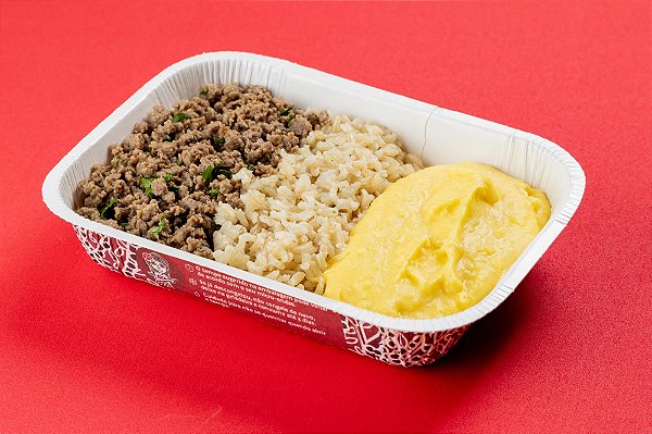 Carne moída refogada com cebolinha, arroz integral e purê de mandioquinha 400g