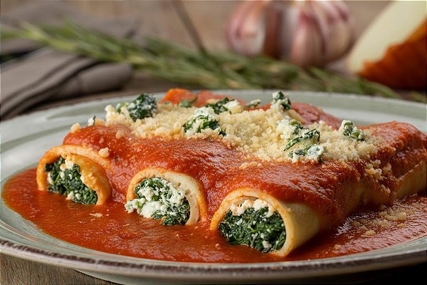 Panqueca integral de ricota com espinafre e nozes ao molho pomodoro e parmesão ralado 400g