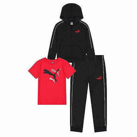 CONJUNTO PUMA 3 PEÇAS MENINO - PRETO E VERMELHO
