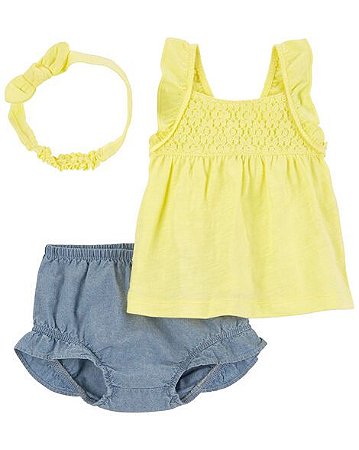 CONJUNTO VERÃO 3 PEÇAS CARTER´S MENINA AMARELO COM FAIXA DE CABELO