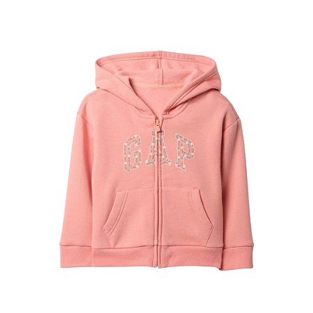 MOLETOM GAP FEMININO INFANTIL COM CAPUZ E ZIPER LOGO FLORAL ROSA