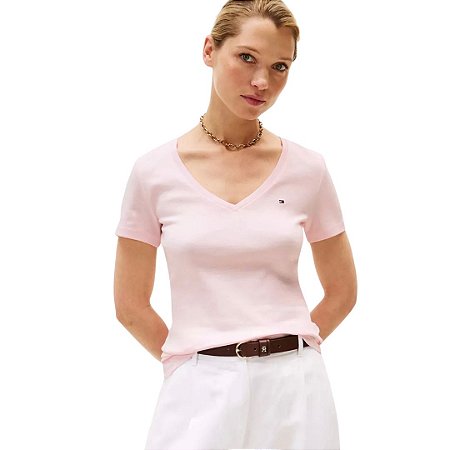 CAMISETA FEMININA TOMMY GOLA V ROSA CLARO