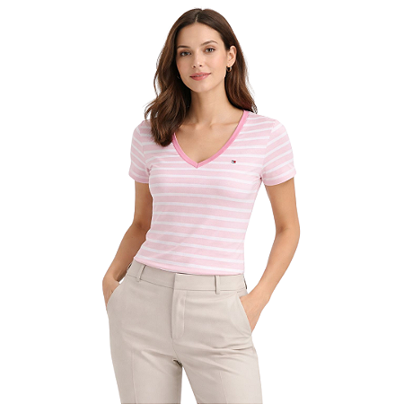 CAMISETA FEMININA TOMMY GOLA V -LISTRADA ROSA CLARO