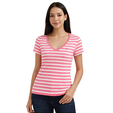 CAMISETA CASUAL FEMININA TOMMY LISTRAS GOLA V ROSA