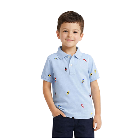 CAMISA POLO TOMMY INFANTIL AZUL COM ESTAMPAS