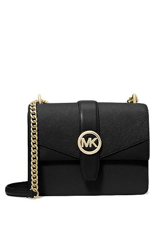 Bolsa Michael Kors Preta Greenwich Transversal Couro Alça Corrente Logo MK