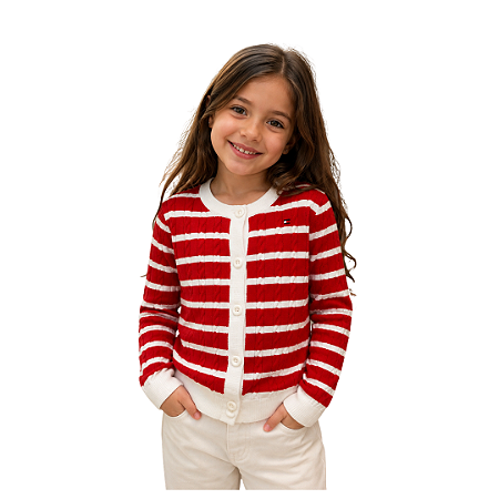 Cardigan Infantil Tommy Hilfiger Cable Knit Listrado Vermelho