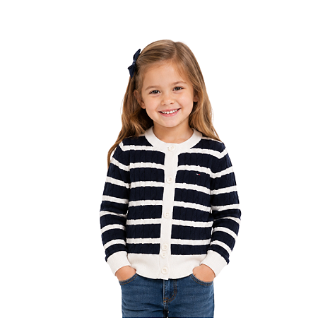 Cardigan Infantil Tommy Hilfiger Cable Knit Listrado Marinho