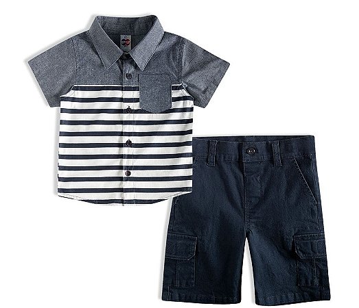 Conjunto Curto Bebê Camisa Polo Tricoline Listrada com Bolso Short Sarja Botão Tip Top