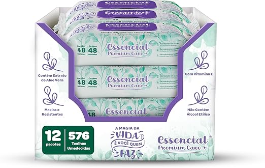 Toalha Umedecida Essencial Premium Care Kit 12 Pacotes