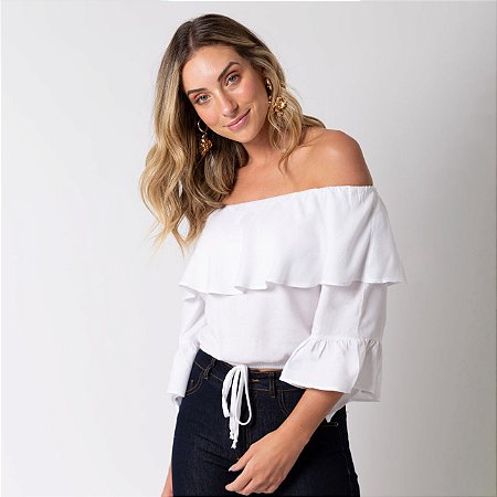 Bata Cropped Ombro a Ombro Detalhe Babado