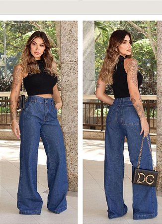 CALÇA JEANS WIDE LEG ESTRAVAGANZZA LAVAGEM ESCURA AMACIADA