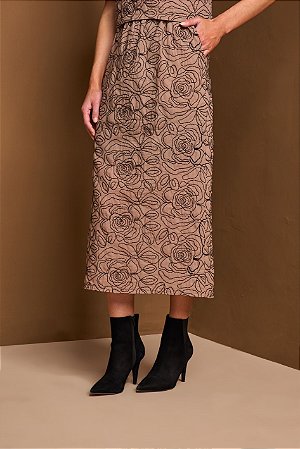 SAIA LONG MIDI YEXX BORDADA COM BOLSOS,TECIDO ALGODÃO