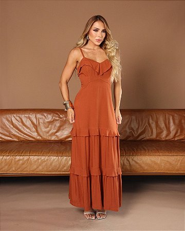 VESTIDO LONGO DETALHES BABADOS NO TECIDO VISCOLINHO