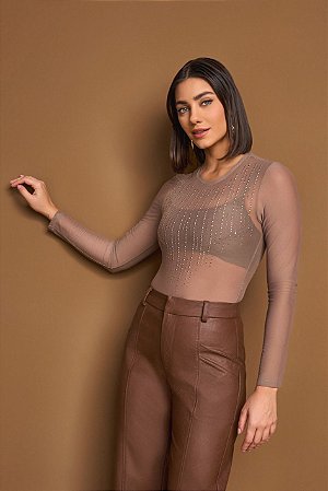 BLUSA FEMININA SEGUNDA PELE MANGA LONGA TULE COM BRILHO YEXX