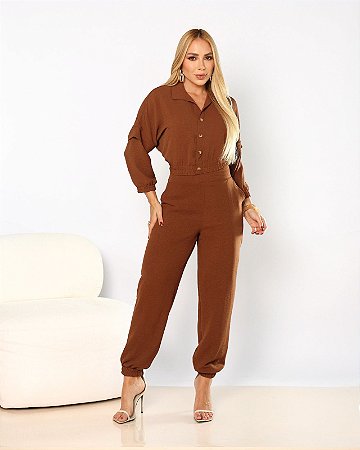 CONJUNTO BLUSA ELÁSTICO E CALÇA JOGGER ELÁSTICO NO TECIDO CREPE