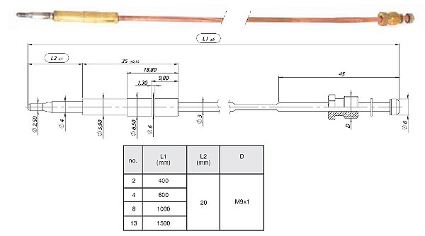 Termopar Série 100 para chama piloto com comprimento L1=400mm rosca  M9x1mm e sensor L2=20mm