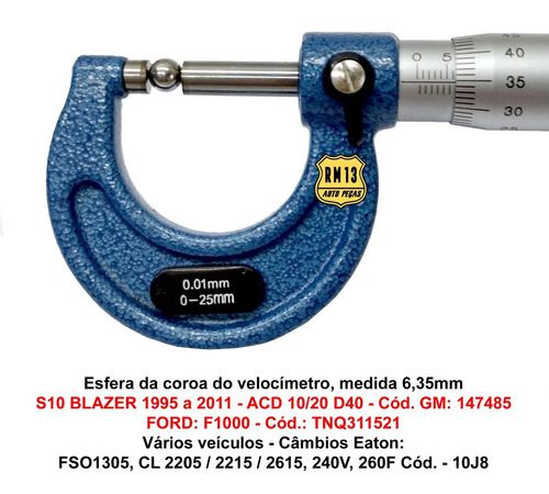 Esfera Coroa Velocímetro S10 Blazer F1000 A20 C20 D20 6,35mm