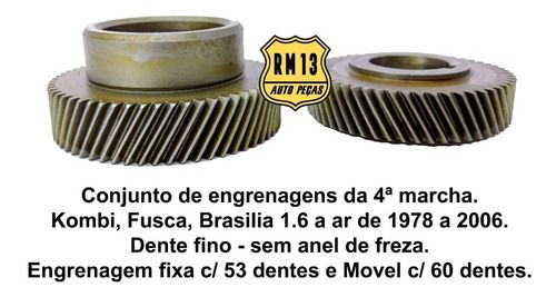 Conjunto Jogo Par Engrenagem 4ª Kombi Dente Fino 1.6 A Ar