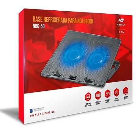 Base Suporte Para Notebook Nbc-50bk 15,6" Com 2 Coolers, Inclinação Ajustável em 5 Níveis, Com Usb, Cor Preta - C3Tech